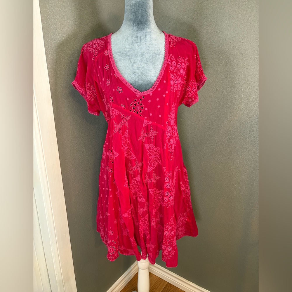 Johnny Was Vibrant Fuschia Boho Eyelet Dress Tunic Top Size S